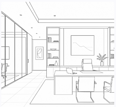 Minimal line drawing of an executive office