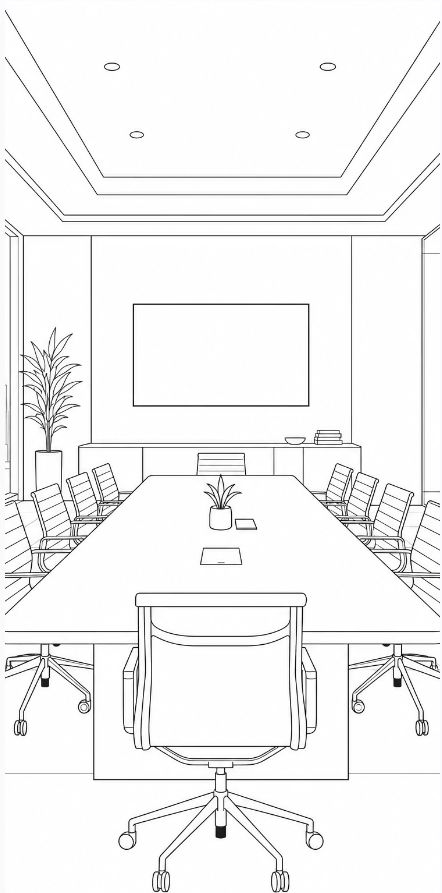 Minimal line drawing of a conference room