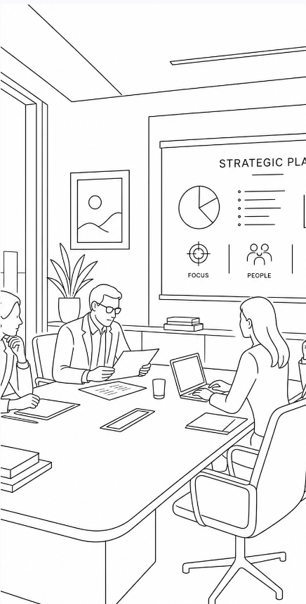Minimal line drawing of a strategic planning meeting
