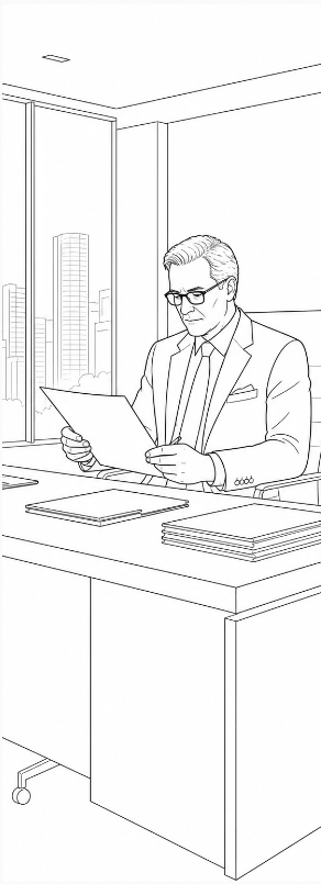 Minimal line drawing of an executive reviewing documents